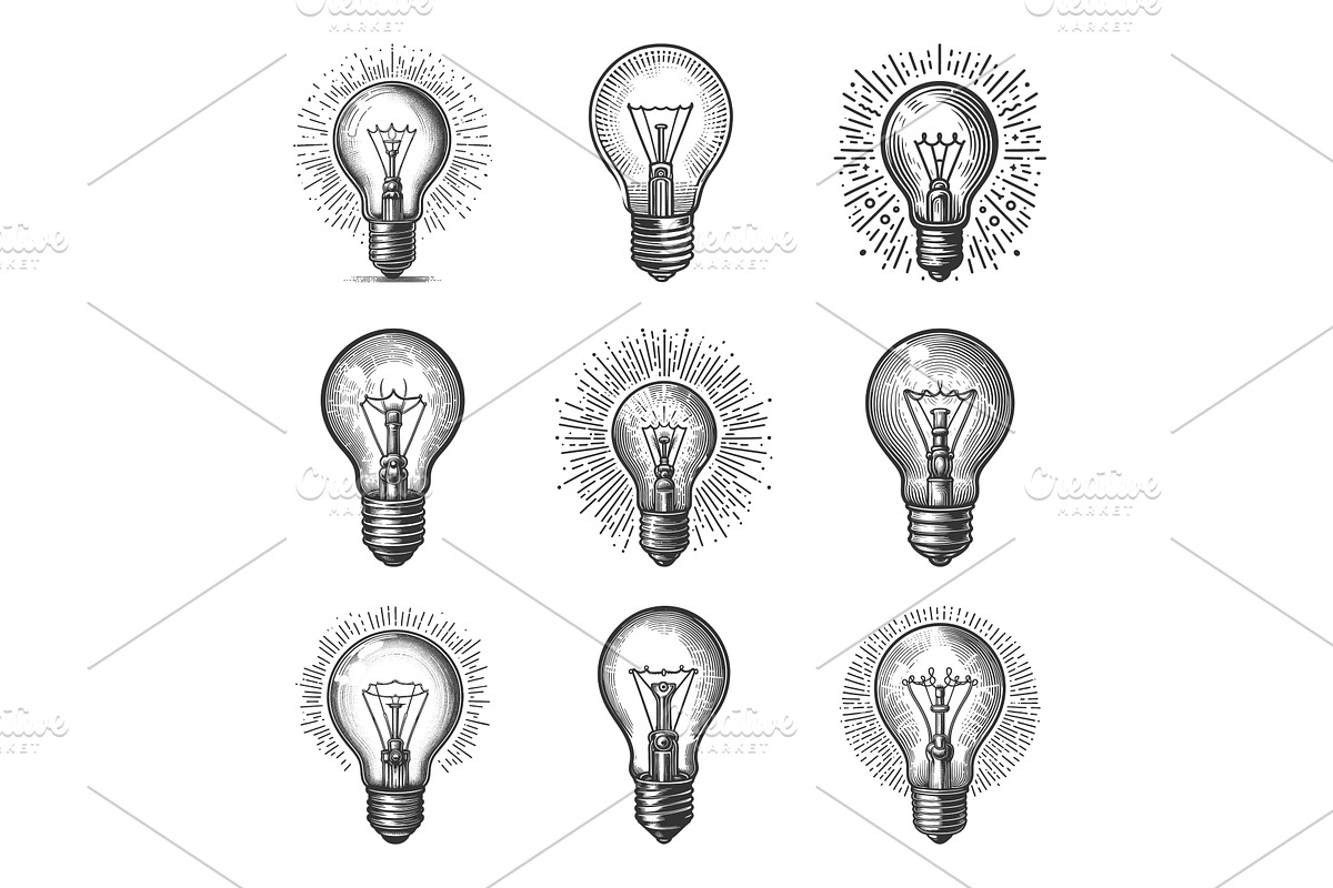 Light Bulb engraving set vector, an Object Illustration by AlexArt