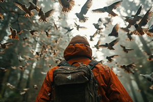 A ornithologist person in an orange jacket stands in a misty forest, surrounded, a Person Photo by Textures & Backgrounds