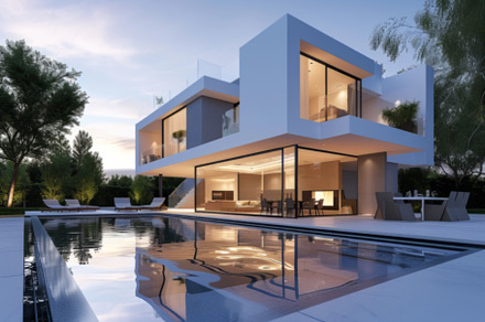 Contemporary Home with Pool and Outdoor Living Space at Dusk, an Abstract Photo by Natalia Klenova's Shop