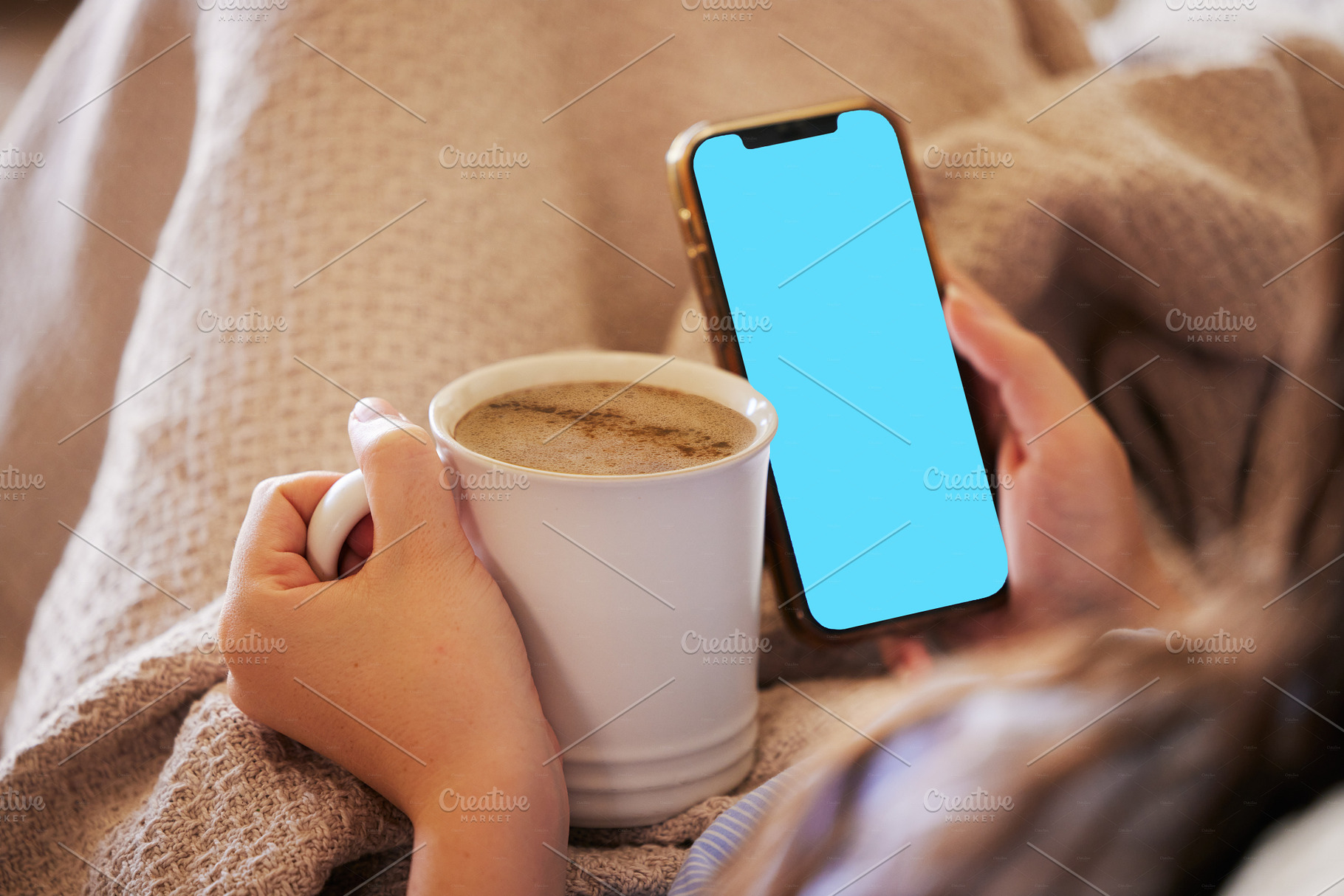 Mockup phone, coffee and woman reading screen with mobile chat, online communication and news. Brand space, app and hands of girl with a drink and cellphone for connection, media and branding, a Photo by Peopleimages.com