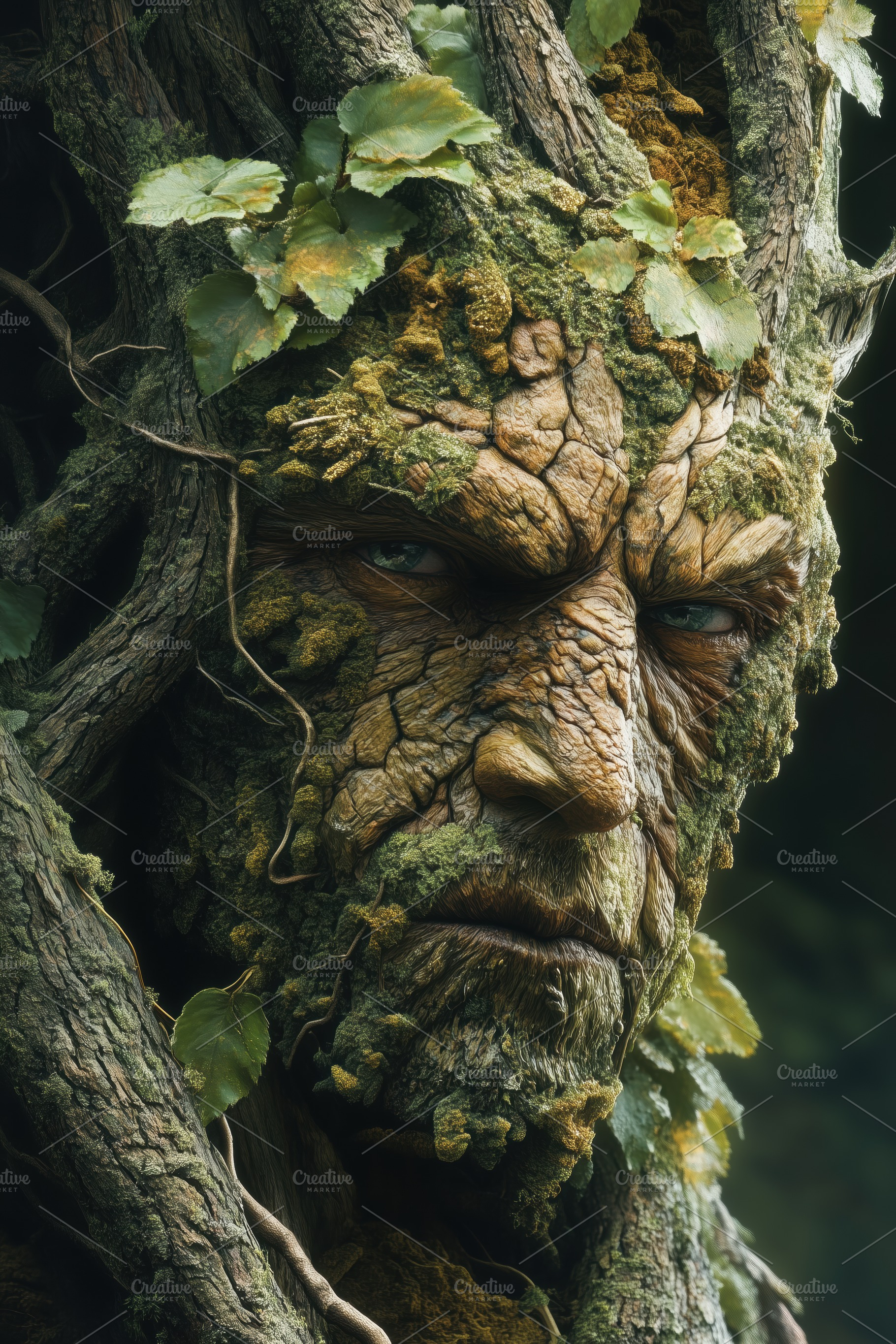 A close-up of a mythical tree-like creature with a textured bark-like face, sur, a Person Photo by Textures & Backgrounds