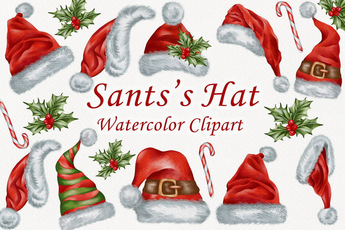Watercolor Santa Hat Clipart, a Seasonal Illustration by BarvArt (Photo 1 of 4)