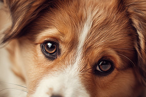 Adorable brown and white puppy resting on a soft carpet, close-u, an Animal Photo by Ales Munt