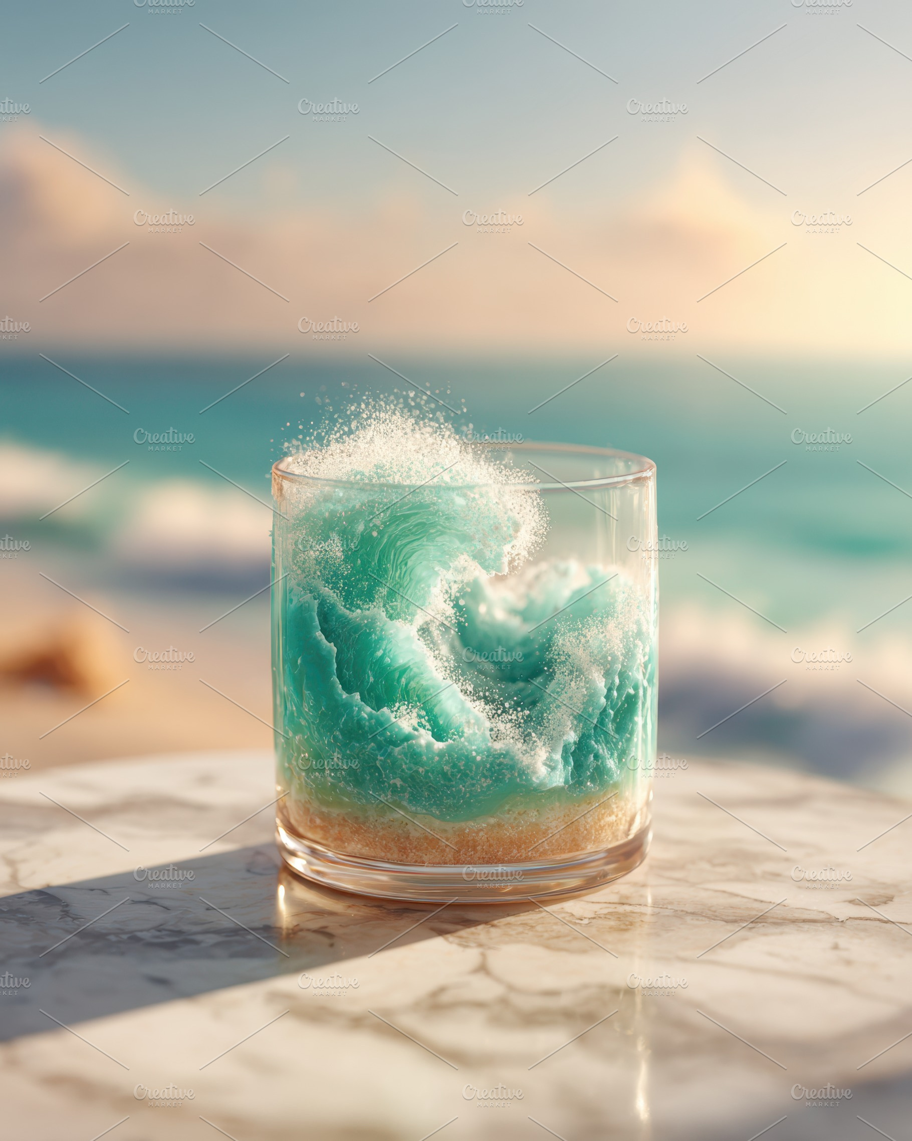Wave in a glass on a beach background, a Food & Drink Photo by AlyaAnd