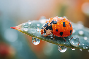 Close-up of a ladybug on a leaf with water droplets, an Animal Photo by AlyaAnd