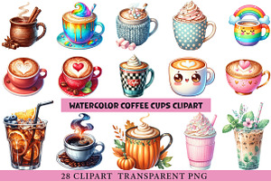 Watercolor Coffee Cups Clipart, an Illustration by cherrydesign