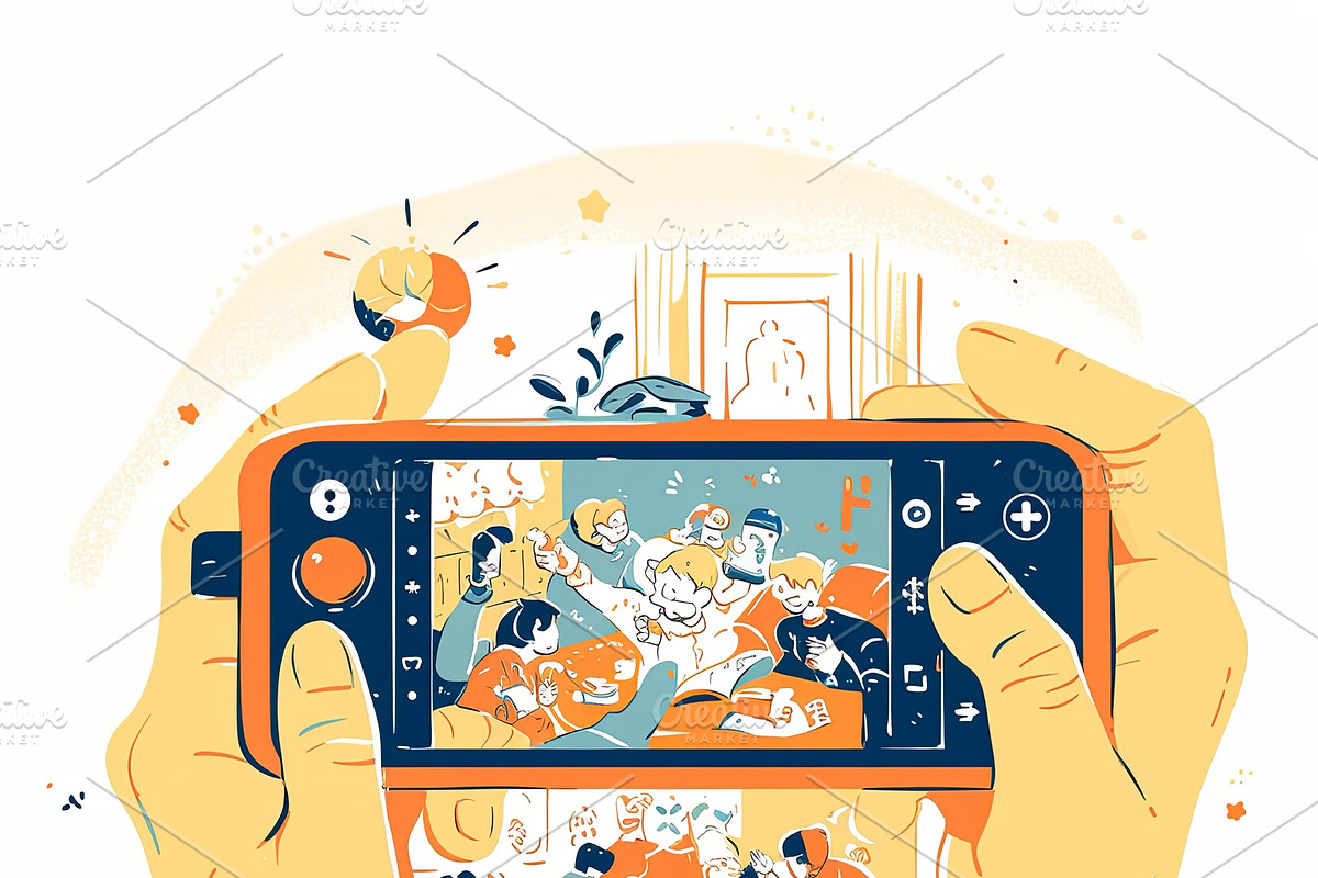 Hands Holding Smartphone Capturing Lively Scene of Gathering and Interaction, an Illustration by AS photostudio