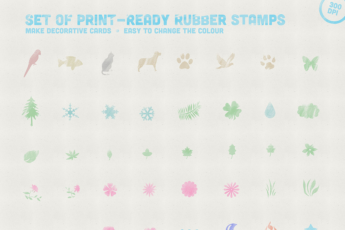 Set of Print Ready Rubber Stamps, a Decorative Illustration by D2T Studio