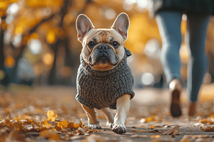 Dog in sweater strolls through autum, an Animal Photo by Pixeness Studio