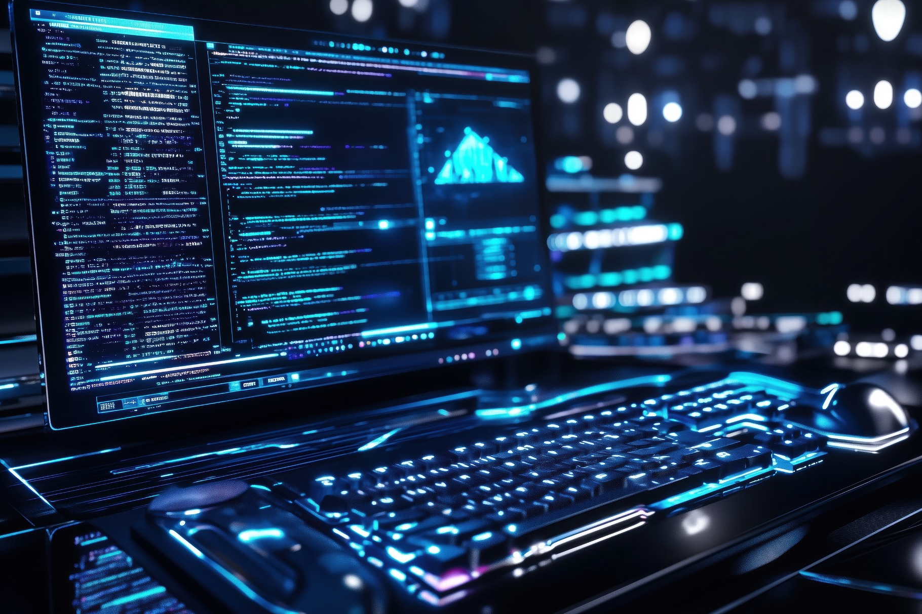A futuristic computer setup featuring a glowing keyboard and screen ...