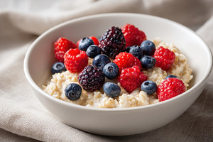Healthy breakfast bowl with oats and fresh berries including ras, a Beauty & Fashion Photo by José Manuel Gelpi