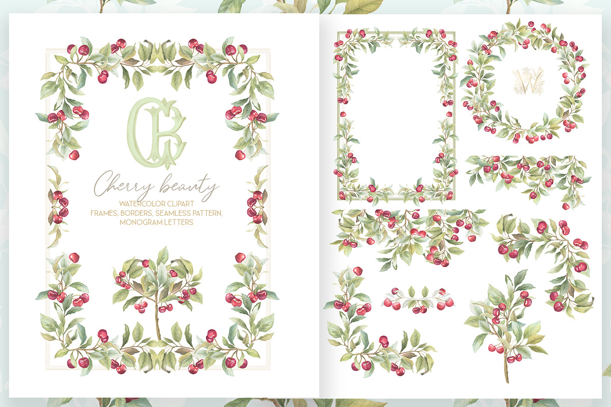 Cherry Botanical Frames Watercolor, a Decorative Illustration by WonderWonder (Photo 3 of 7)