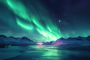 Magnificent northern lights illuminate a serene winter landscape in the mountai, a Nature Photo by AlyaAnd