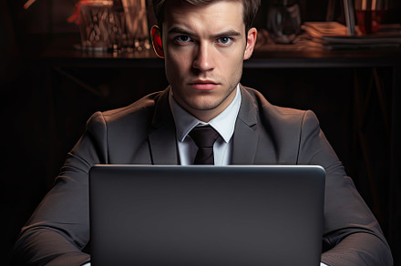 Young business man using laptop on o, a Photo by SaroStock