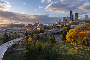 The seattle skyline and freeway from containing landscape, architecture, and