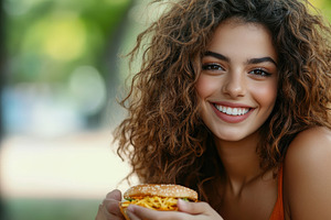 Adorable young woman with curly hair, a Photo by Pavel_design