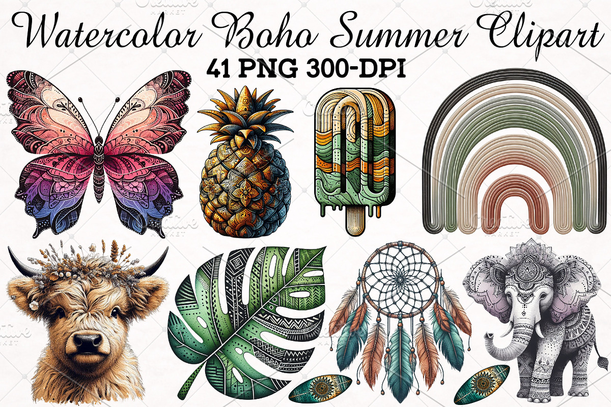 Watercolor Boho Summer Clipart Set, an Illustration by RobertsArt (Photo 1 of 5)
