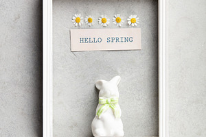 Hello Spring Minimal Frame Mockup with Bunny and Daisies, a Holiday Photo by Natalia Klenova's Shop