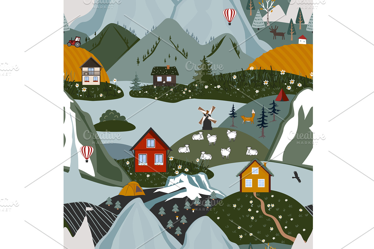 Seamless pattern with Norway houses, an Animal Illustration by Toltemara