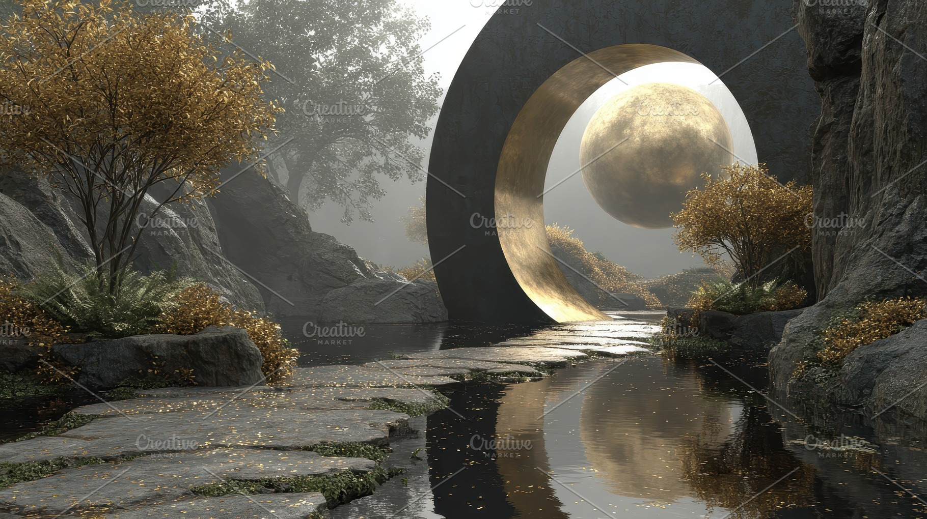 Golden Sphere Misty Landscape Stone, an Abstract Photo by Pixeness Studio