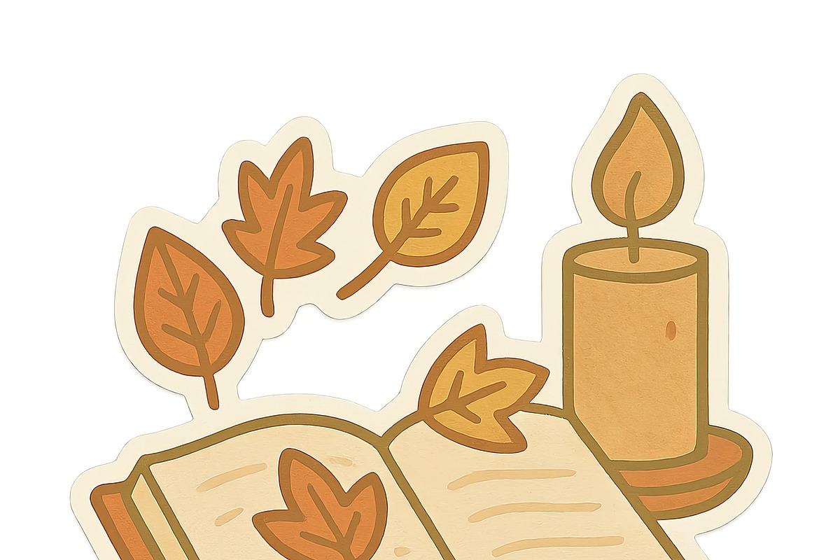 Autumn leaves and candle with open b, an Illustration by Dvoevnore photos
