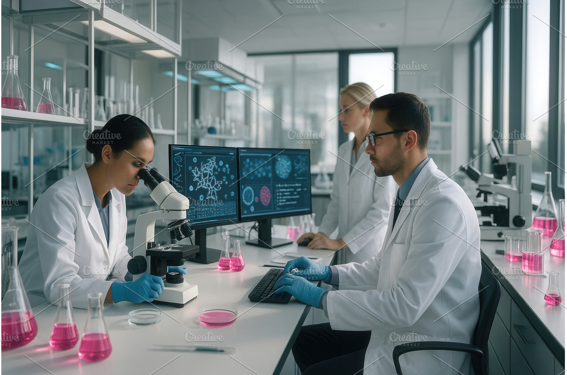 Diverse team of scientists in, a Technology Photo by Sergey Kotenev