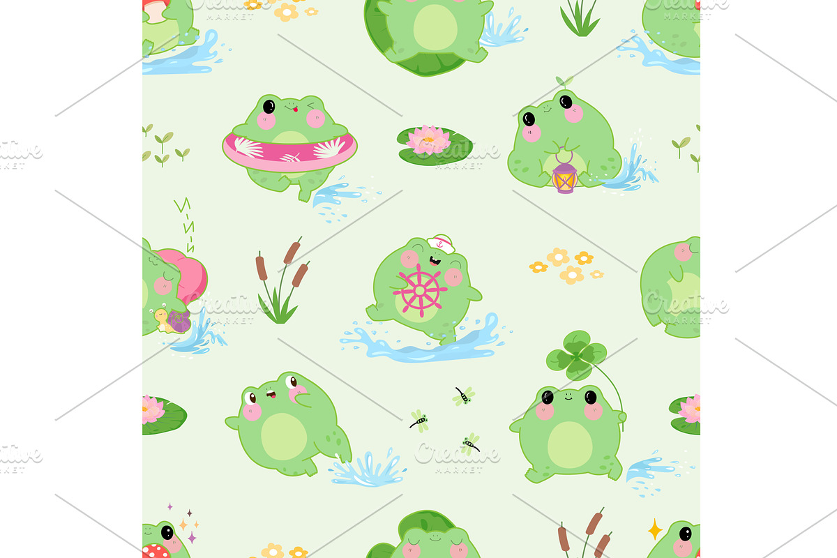 Kawaii frog seamless pattern, an Animal Illustration by Valerie Bodnar