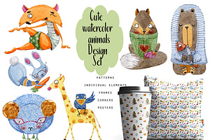 Cute watercolor animals Design Set