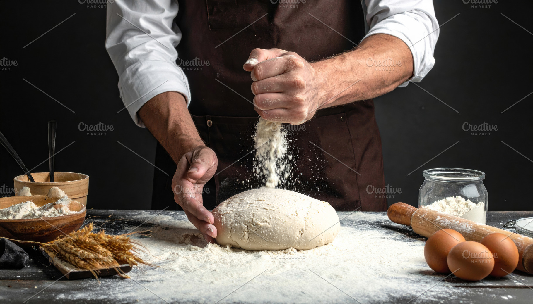 Rustic Baker Sprinkling Flour Over Fresh Dough, a Food & Drink Photo by Davizro's Market