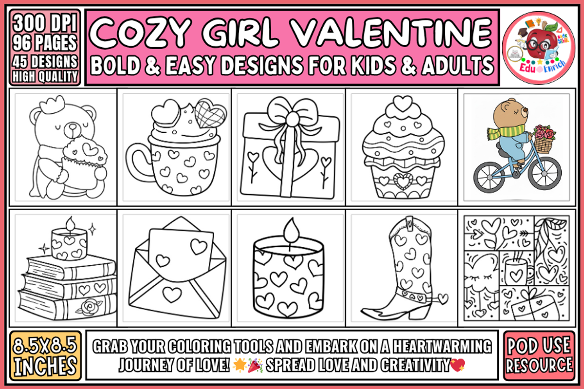 Cozy Girl Valentine Coloring Pages, a Seasonal Illustration by EduEnrich (Photo 1 of 3)