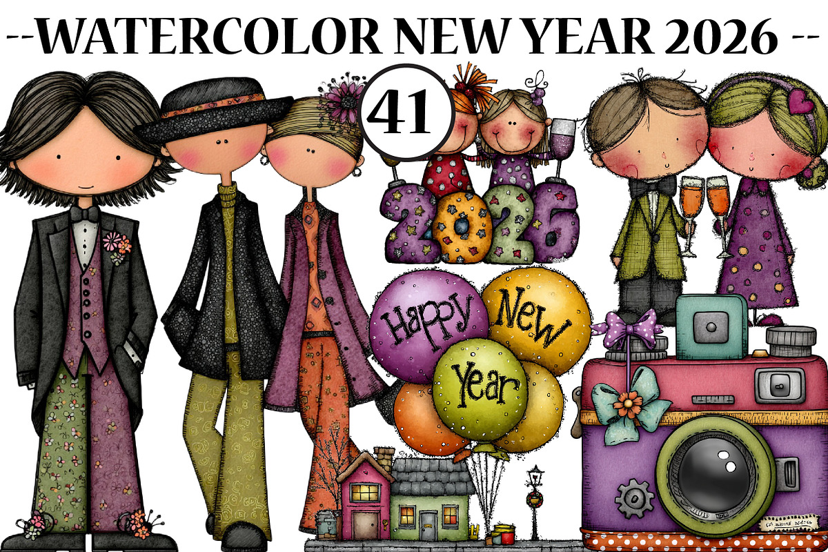 Watercolor New Year 2026 Clipart, an Illustration by CreationArt (Photo 1 of 5)