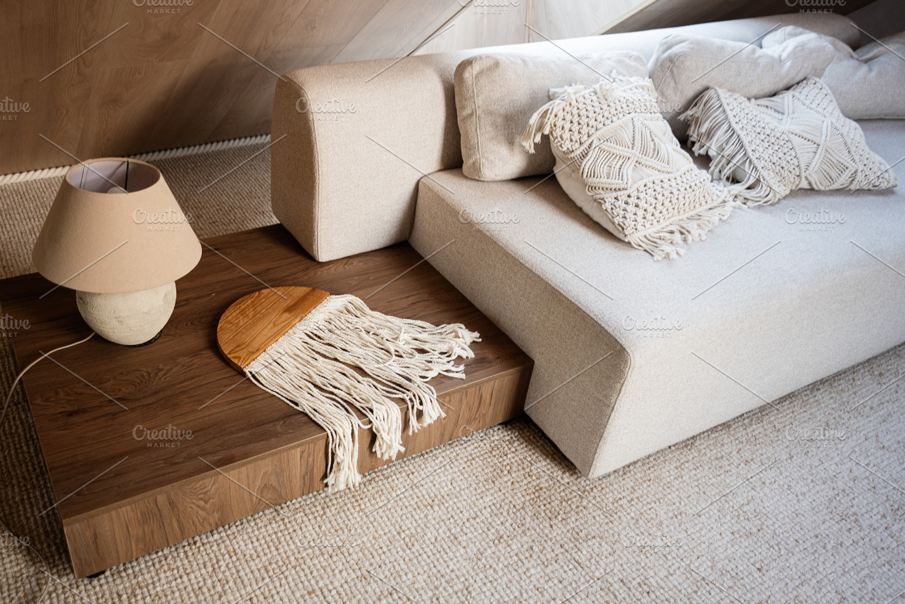 Modern cozy living room interior with soft couch and wooden accents, a Photo by AS photostudio