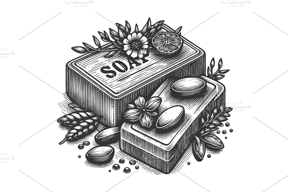 Handmade Soap engraving vector, a Healthcare Illustration by AlexArt