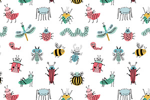 Funny Bugs Doodle Set And Pattern