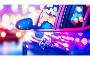 Close up of car with vibrant city, a Transportation Photo by Lermont51