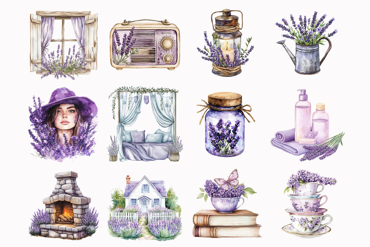 Watercolor Lilac Cottage Life Items, an Illustration by Design Market (Photo 3 of 4)
