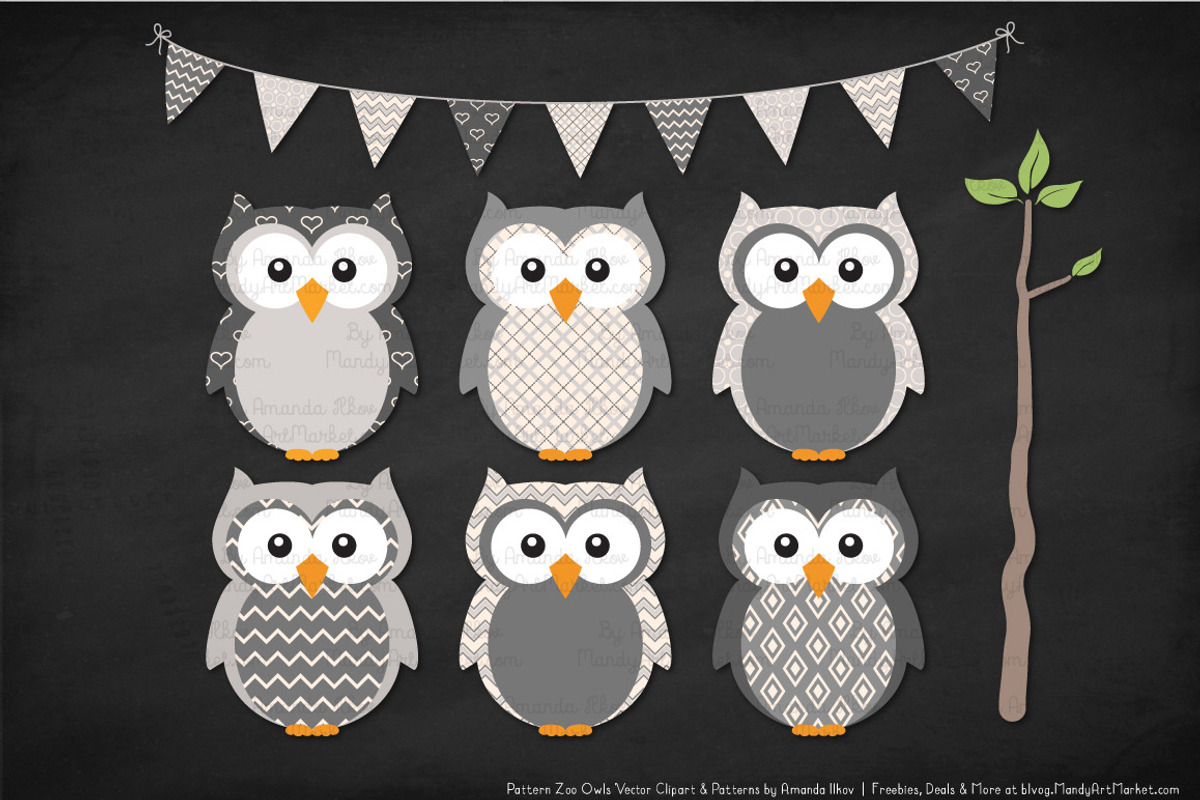 Owls Clipart & Patterns in Grey, an Animal Illustration by Amanda Ilkov (Photo 3 of 4)