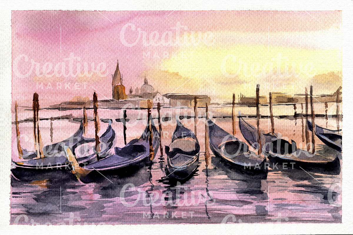 Watercolor Venice Sunset Landscape, an Illustration by Simple Design (Photo 3 of 3)