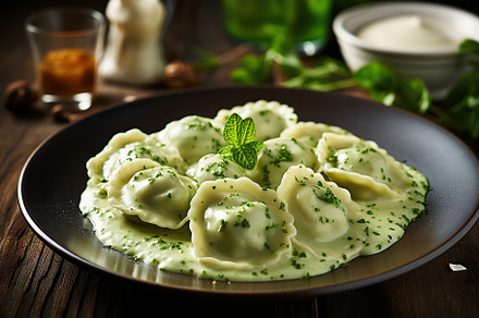 Italian ravioli pasta with spinach on wooden background, a Food & Drink Photo by AlyaAnd
