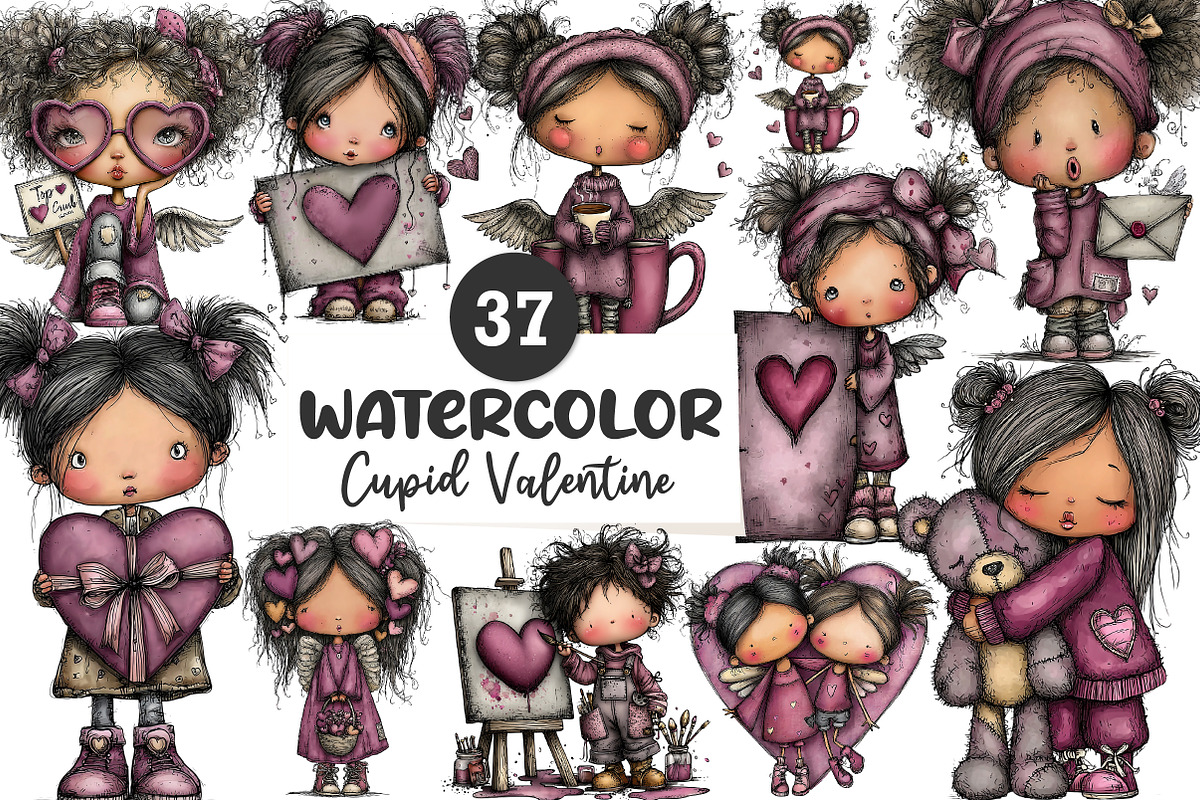 whimsical cupid valentine clipart, an Illustration by CreationArt (Photo 1 of 5)
