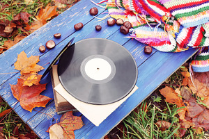 Vintage vinyl records in autumn park, an Arts & Entertainment Photo by pictures for you
