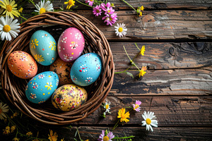 Colorful Easter Eggs in Wicker Basket Flat Lay, a Sports & Recreation Photo by Davizro's Market