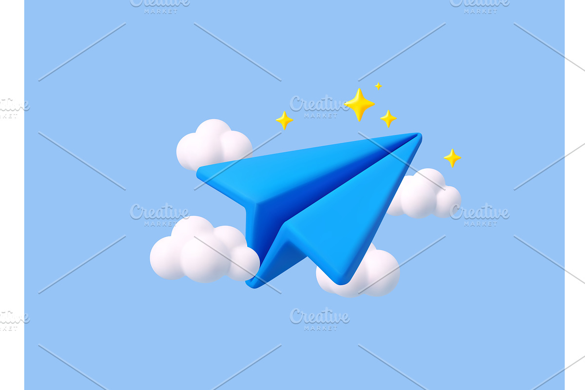 3d paper airplane with clouds, an Object Illustration by ModVector
