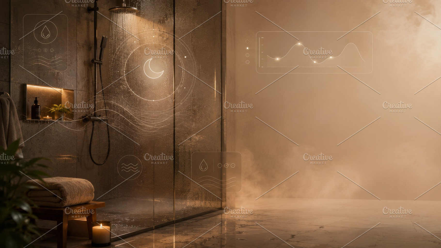 Dark showering concept. Modern bathroom with rain shower and amb, a Photo by Dvoevnore photos