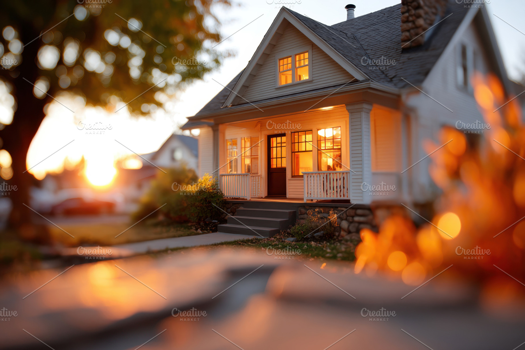 Charming house at sunset with warm lights, an Architecture Photo by AlyaAnd