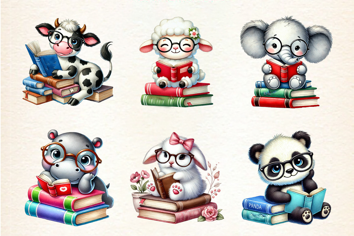 Cute Animals Reading Book Clipart PN, an Illustration by DreamArtGraphic (Photo 4 of 4)