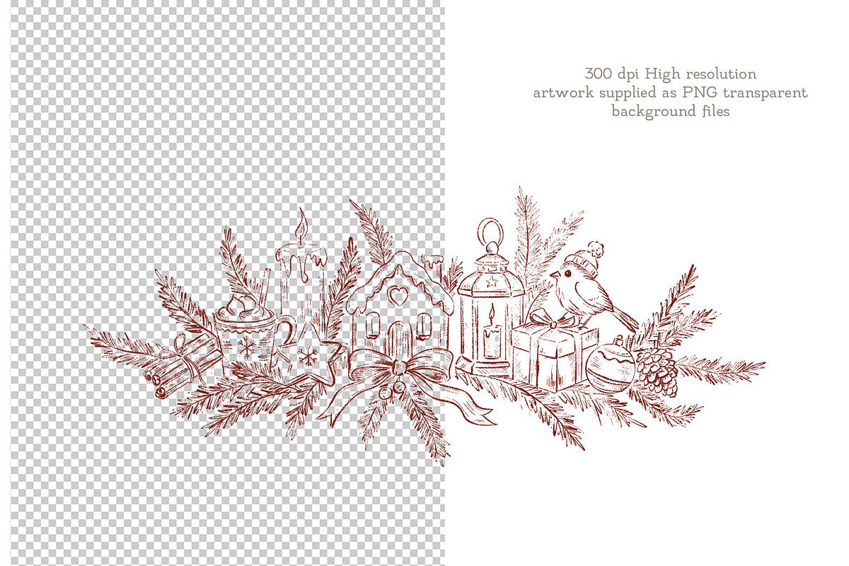 Burgundy Vintage Christmas Line Art, a Decorative Illustration by AlenaVlasko stock Market (Photo 2 of 7)