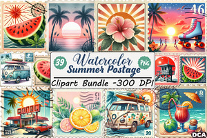 Retro Summer Postage Clipart, an Illustration by DreamCafeArt