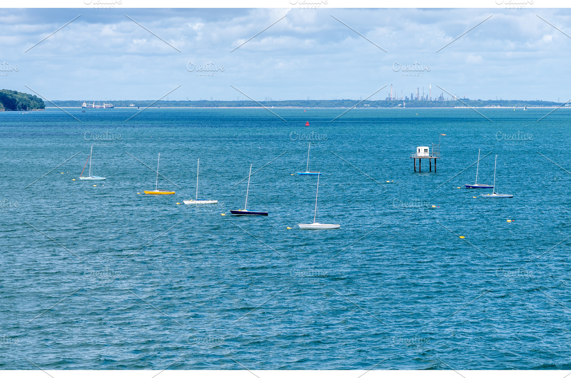 Small racing boats anchored in, an Architecture Photo by Backyard Stock