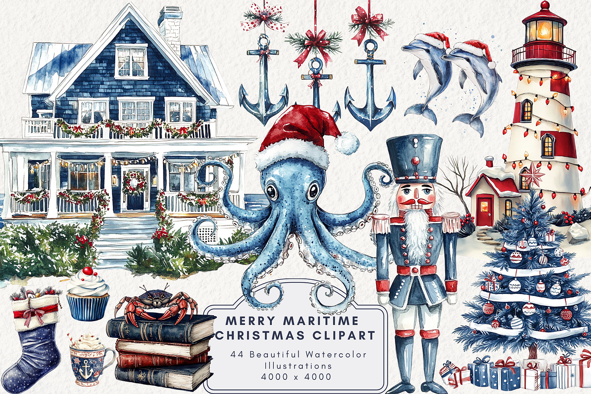 Merry Maritime Christmas Clipart, an Illustration by NadiaTheronArt (Photo 1 of 5)